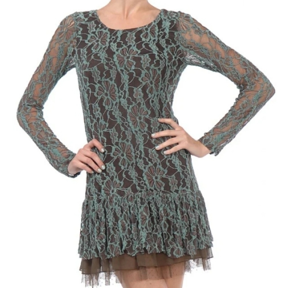 A"reve Anthropologie Womens Brown Turquoise Floral Lace Long Sleeve Lined Mini S